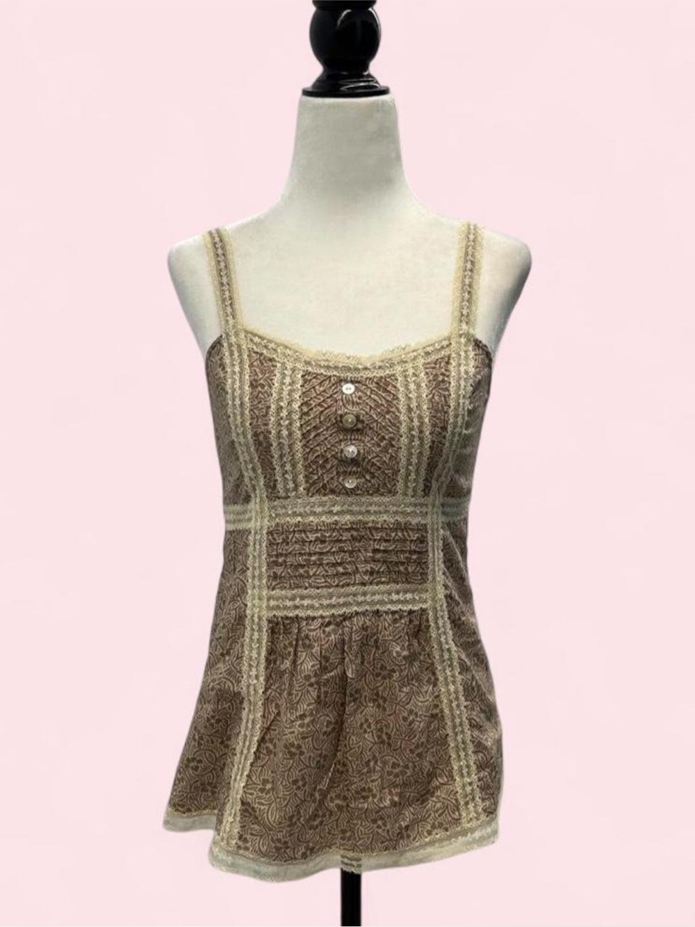 Y2K Boho Brown Lace Trim Babydoll Cami Top Fairy Grunge Cottagecore